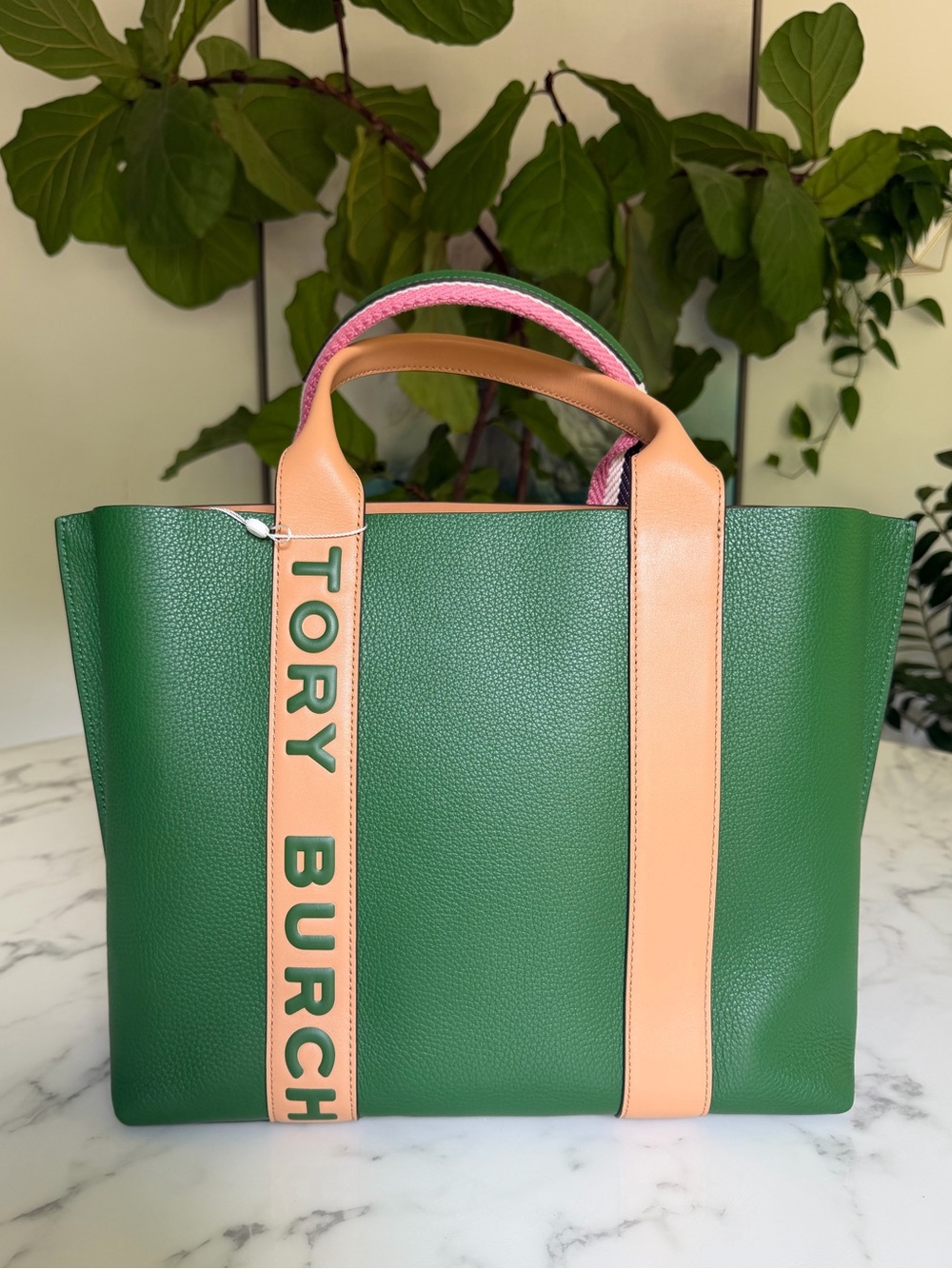 NWT Tory Burch Perry Multi Stripe Leather Triple Compartment Tote Arugula Green - Picture 2 of 16